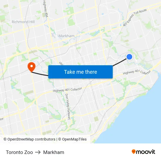 Toronto Zoo to Markham map