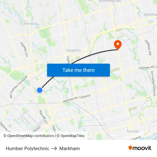 Humber Polytechnic to Markham map