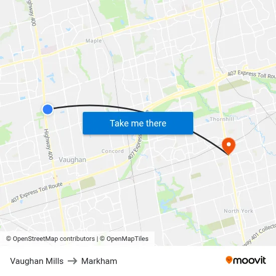 Vaughan Mills to Markham map