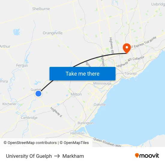 University Of Guelph to Markham map