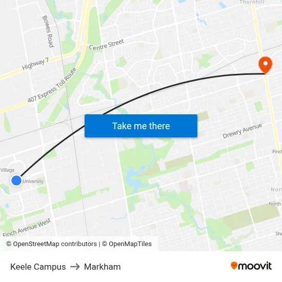 Keele Campus to Markham map