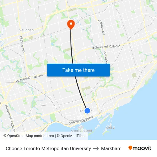 Choose Toronto Metropolitan University to Markham map