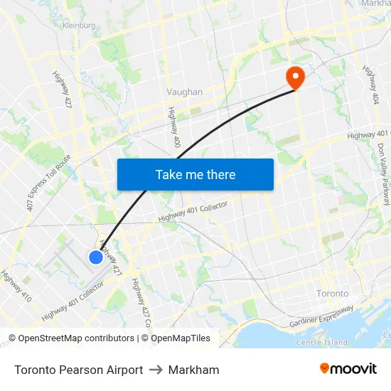 Toronto Pearson Airport to Markham map