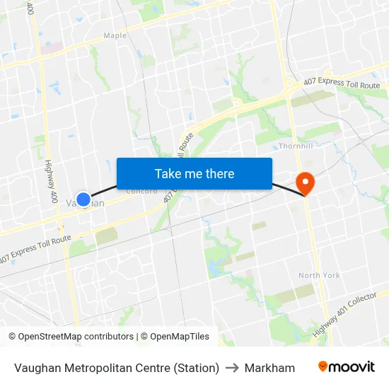 Vaughan Metropolitan Centre (Station) to Markham map
