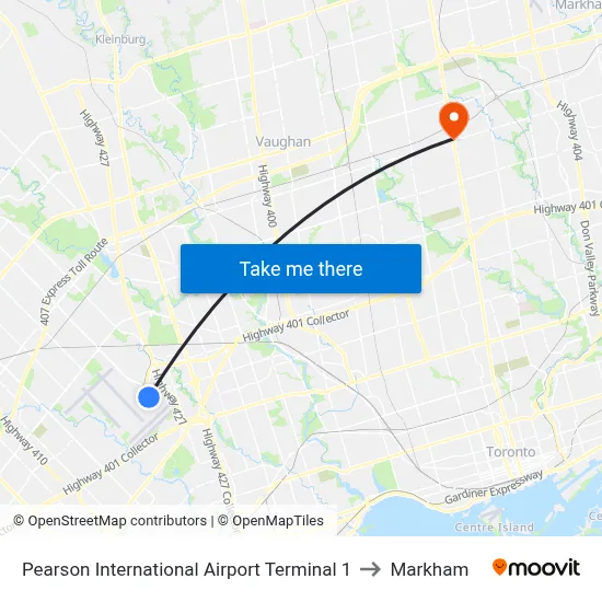Pearson International Airport Terminal 1 to Markham map