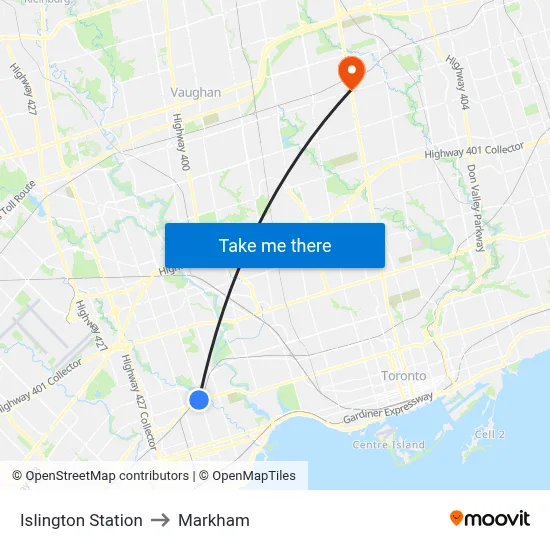Islington Station to Markham map