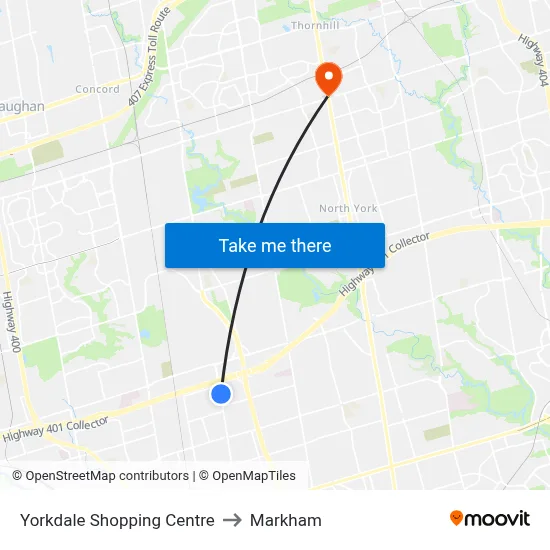 Yorkdale Shopping Centre to Markham map