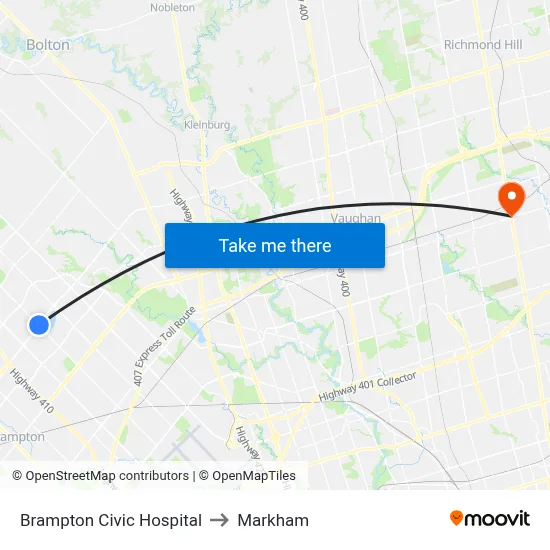 Brampton Civic Hospital to Markham map