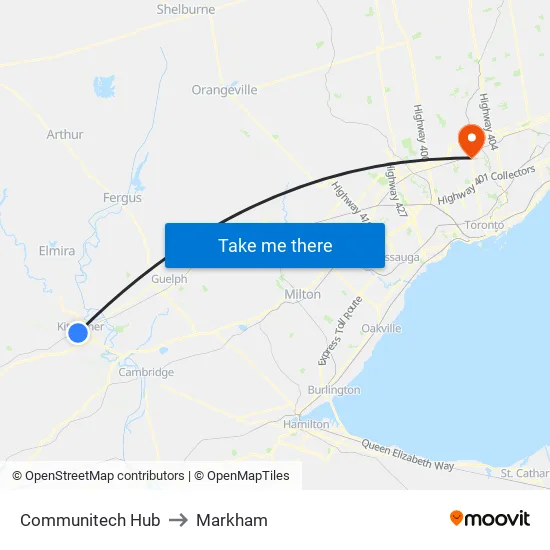 Communitech Hub to Markham map