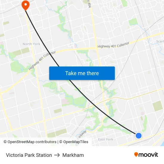 Victoria Park Station to Markham map