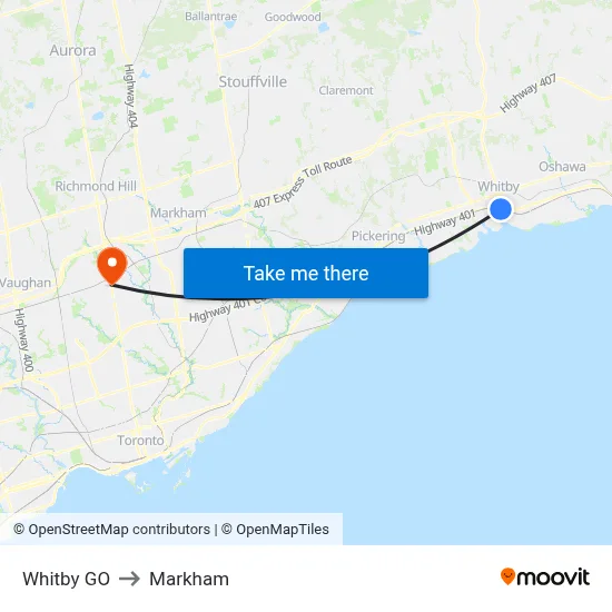 Whitby GO to Markham map