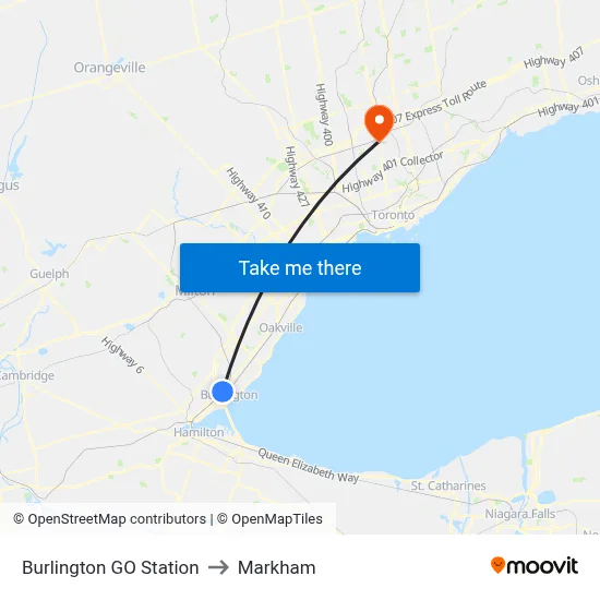 Burlington GO Station to Markham map