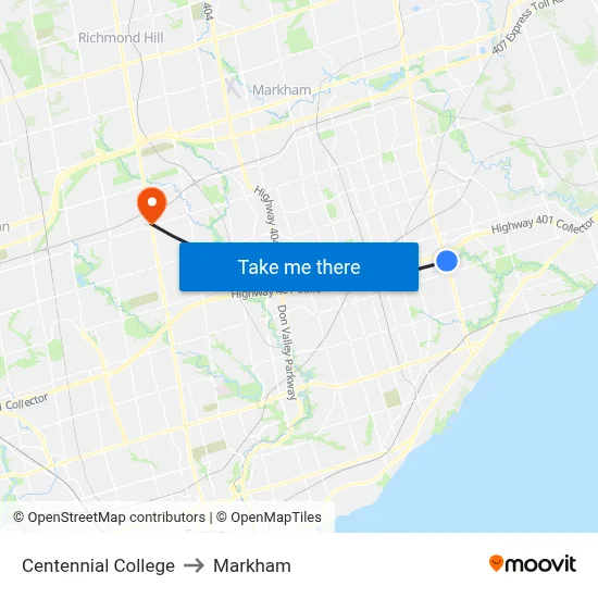 Centennial College to Markham map