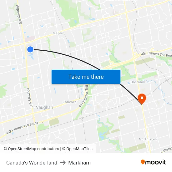 Canada’s Wonderland to Markham map