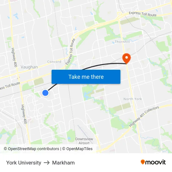 York University to Markham map