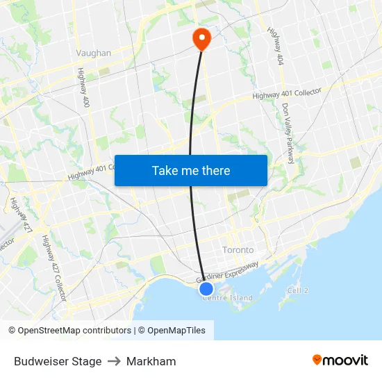 Budweiser Stage to Markham map
