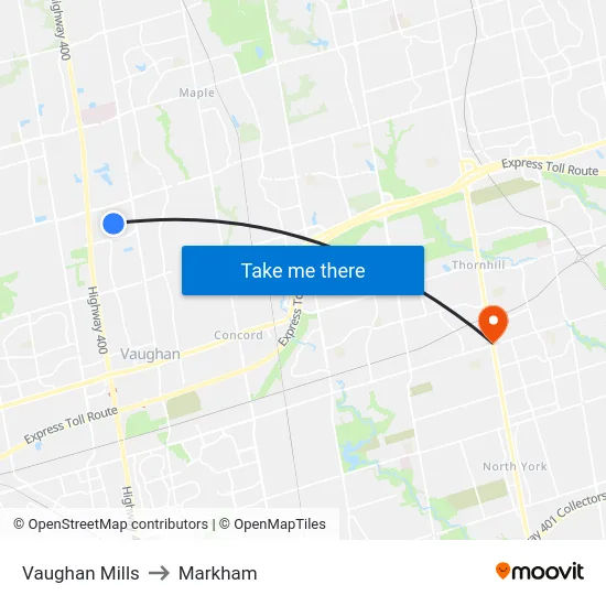 Vaughan Mills to Markham map
