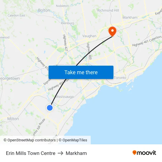 Erin Mills Town Centre to Markham map