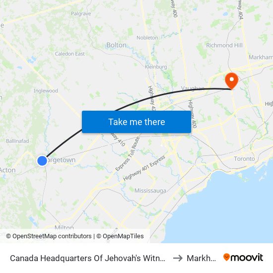 Canada Headquarters Of Jehovah's Witnesses to Markham map