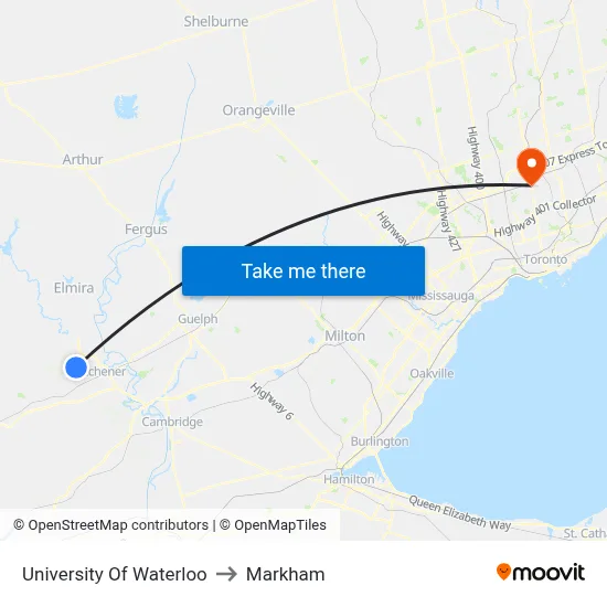 University Of Waterloo to Markham map
