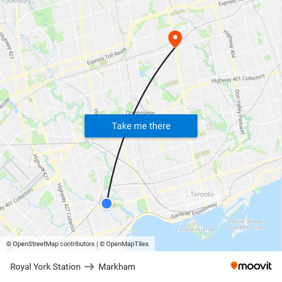 Royal York Station to Markham map