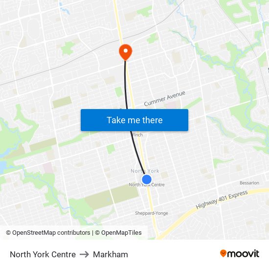 North York Centre to Markham map