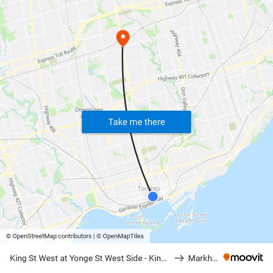 King St West at Yonge St West Side - King Station to Markham map