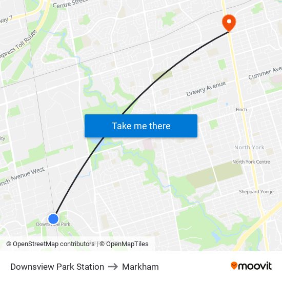 Downsview Park Station to Markham map