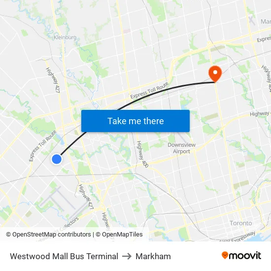 Westwood Mall Bus Terminal to Markham map