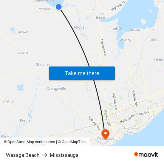 Wasaga Beach to Mississauga map