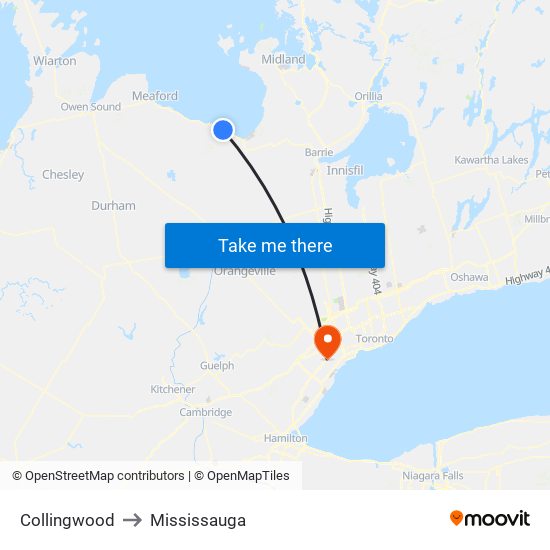 Collingwood to Mississauga map