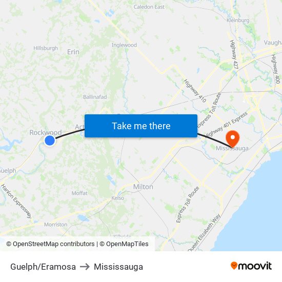 Guelph/Eramosa to Mississauga map
