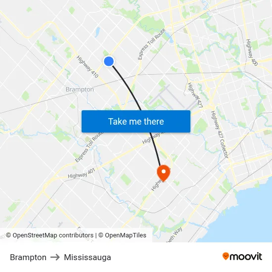 Brampton to Mississauga map