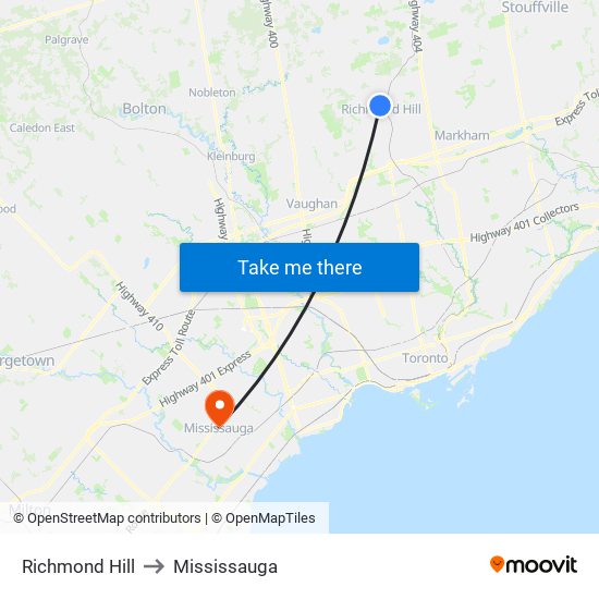 Richmond Hill to Mississauga map