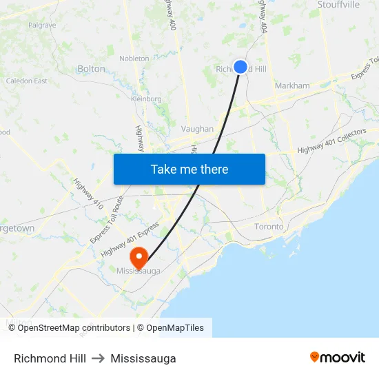 Richmond Hill to Mississauga map