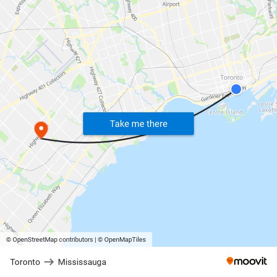 Toronto to Mississauga map