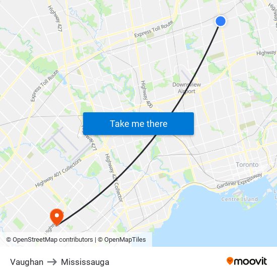 Vaughan to Mississauga map