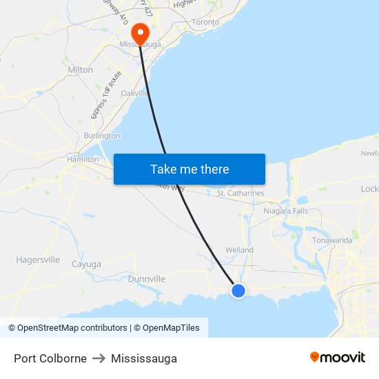 Port Colborne to Mississauga map