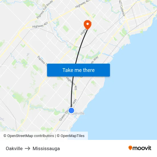 Oakville to Mississauga map