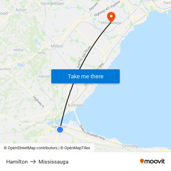 Hamilton to Mississauga map