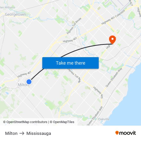 Milton to Mississauga map