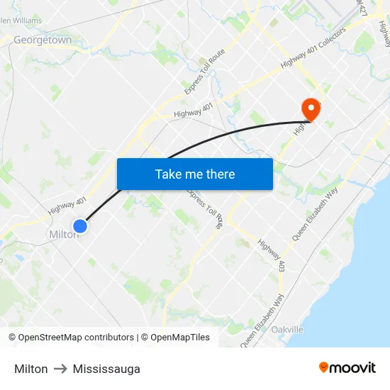 Milton to Mississauga map