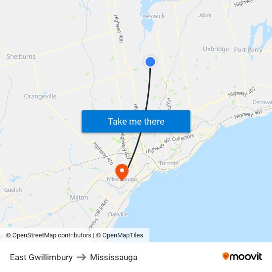 East Gwillimbury to Mississauga map