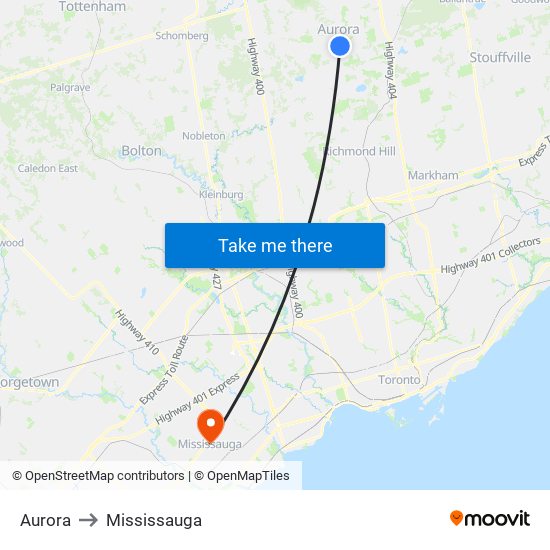 Aurora to Mississauga map