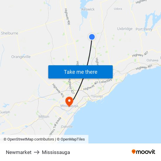 Newmarket to Mississauga map