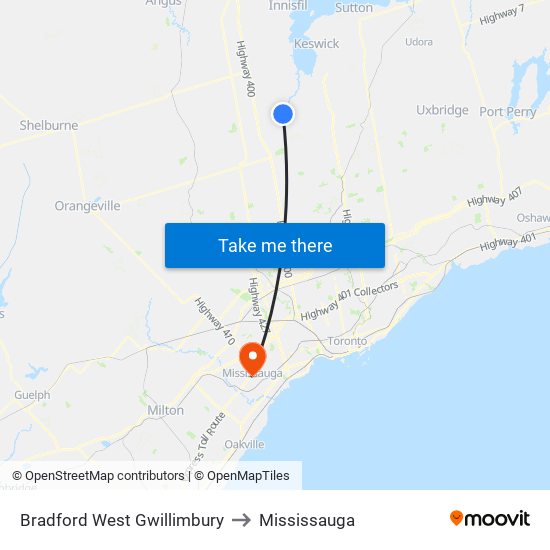 Bradford West Gwillimbury to Mississauga map