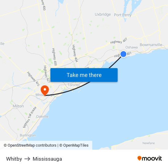 Whitby to Mississauga map