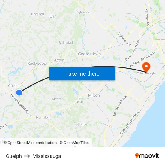 Guelph to Mississauga map