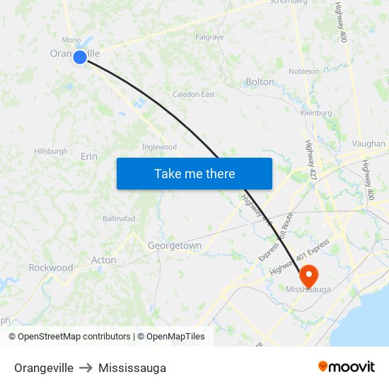 Orangeville to Mississauga map