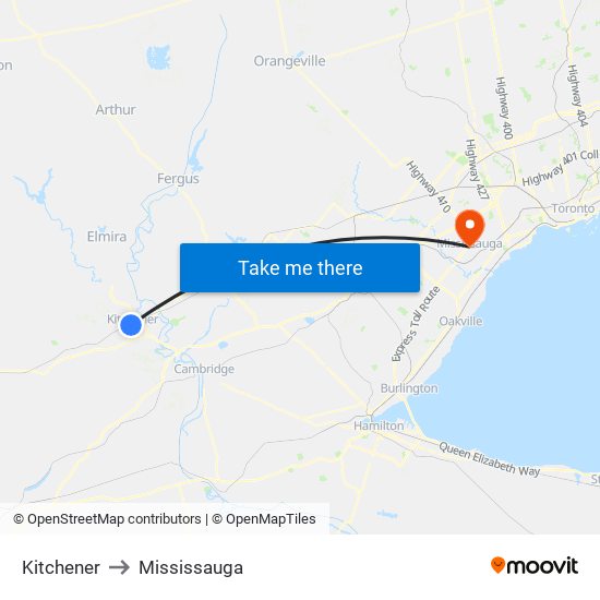 Kitchener to Mississauga map